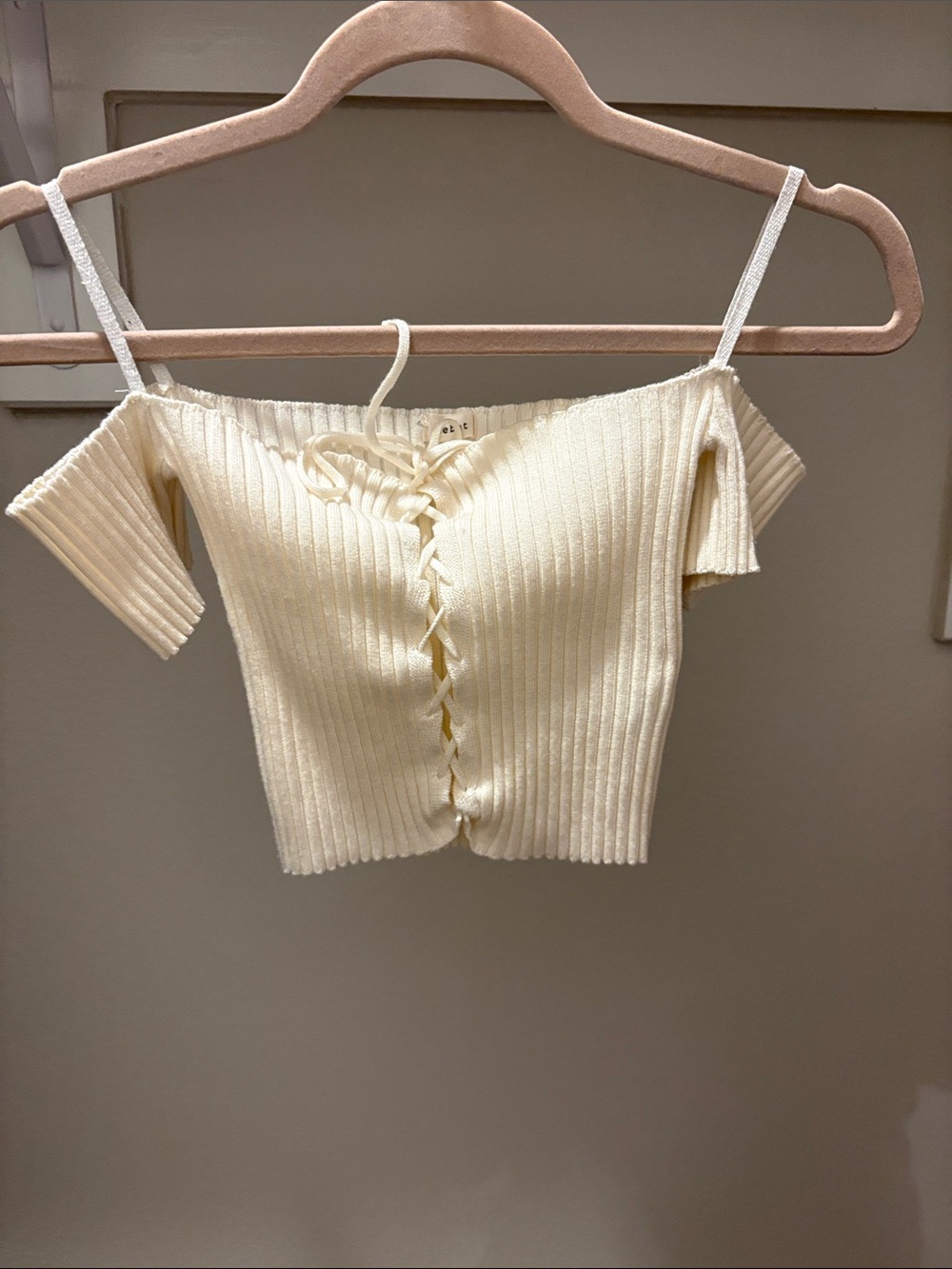 debut Cream Off-Shoulder Ribbed Lace-Up Crop Top